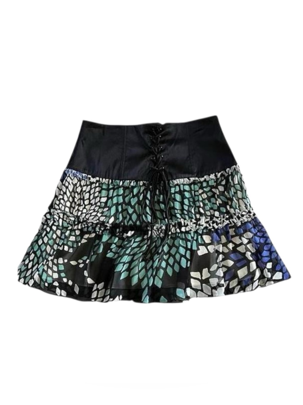 Marciano tiered black satin corset-style waist miniskirt. SZ. 6